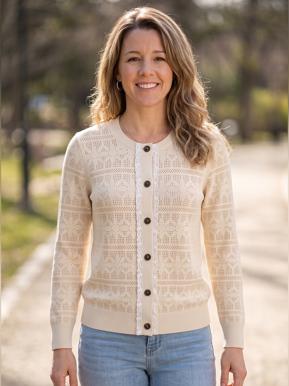 Burberry Cream Pointelle Knit Lace-Trim Cardigan Wool & Cashmere Blend Size L